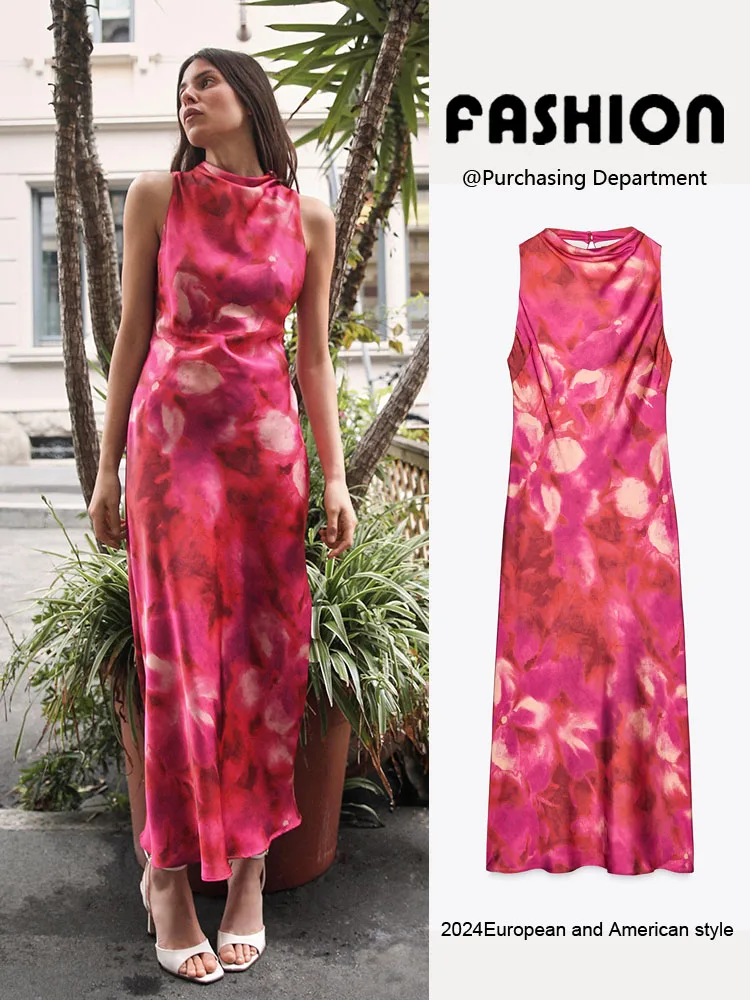 Estate nuovo arrivo donna Ele raso di seta stampa Svel Midi Dr gonna lunga a vita alta abito europeo Sle rotondo Ne