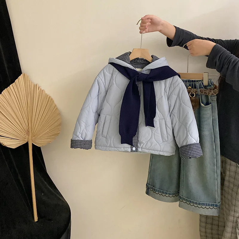 

Korean Winter Children Girls Parkas Cotton Plaid Hooded Thicken Kids Baby Girls Outerwears Infant Girls Padded Coat Knitted Cape