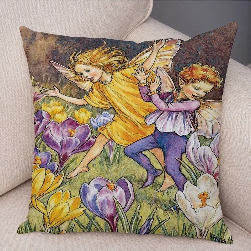 Lovely Color Cartoon Flower Girl Soft Cushion Set Fairy Tale World Elf Decoration Living Room Bedroom Sofa Home 45*45cm