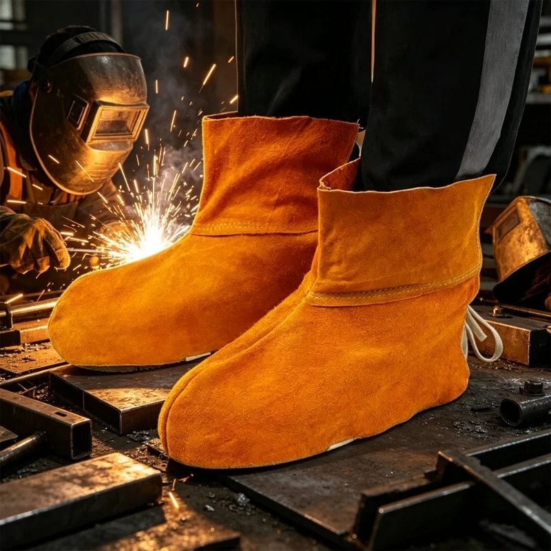 F92C Welding Cover in Split Cow Leather for Workshop Hot Debris Control, Stitched Shop Wear for Repair and Cutting Tasks