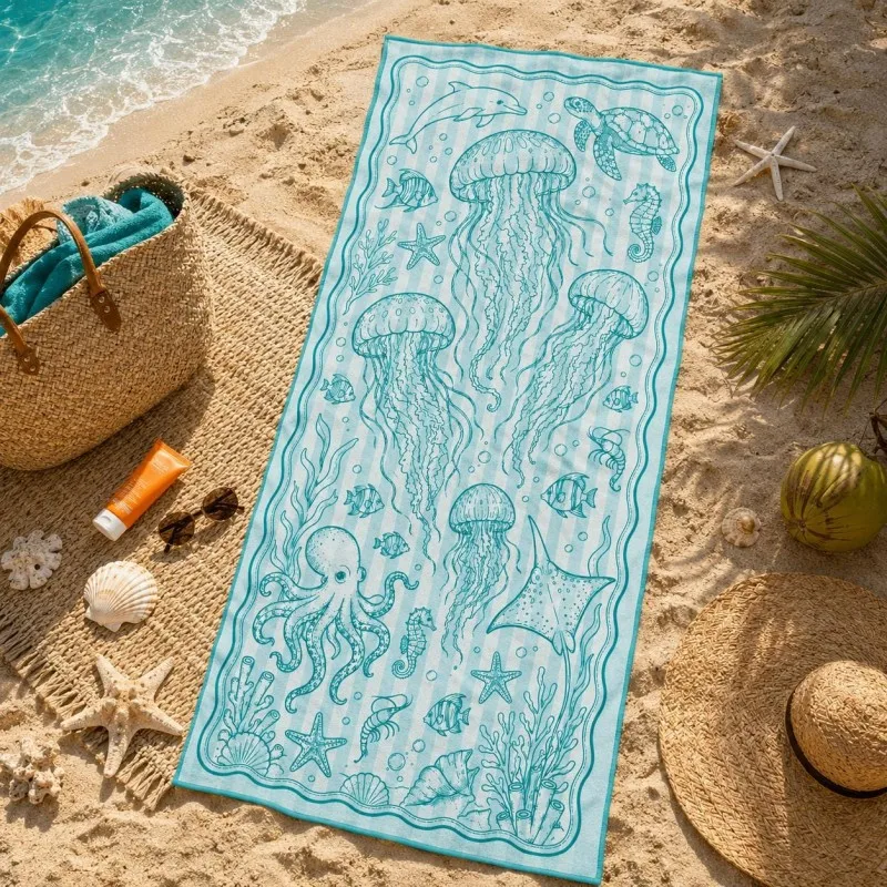 Soft cyan line drawing sea animal border pattern lightweight quick dry beach towel perfect for family summer outdoor beach trips
