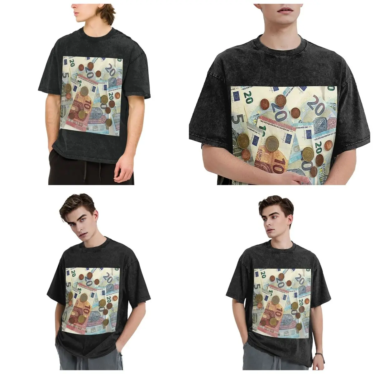 Euro Banknotes And Coins Hip Hop Short Sleeve T-Shirts Washed Tops Tees Streetwear T Shirt Vintage for Men Women