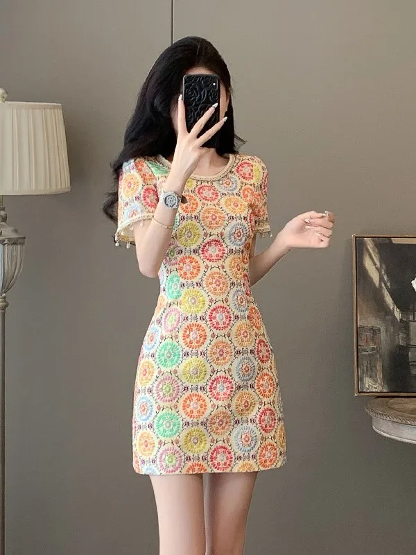 Fashionable Floral Print Dress Women's Summer New High Waist A-Line Skirt Elegant Vacation Style Short Dress