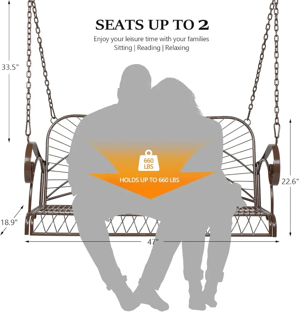 أرجوحة شرفة معدنية مطورة، كرسي أرجوحة شرفة فولاذي بسعة 660 رطل للأماكن الخارجية، مقعد كرسي أرجوحة عالي التحمل