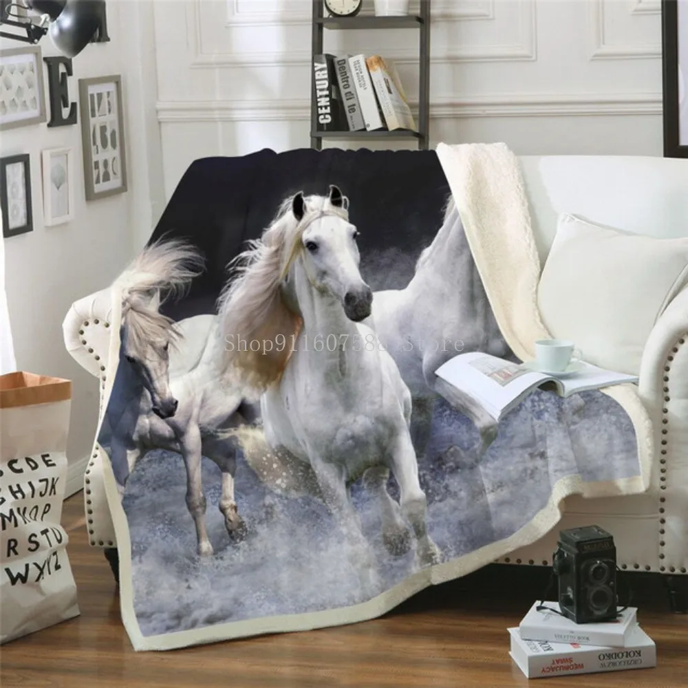 

White Horse Animal 3D Printed Fleece Blanket For Beds Thick Quilt Fashion Horses Bedspread Sherpa Throw Blanket Adults Kids