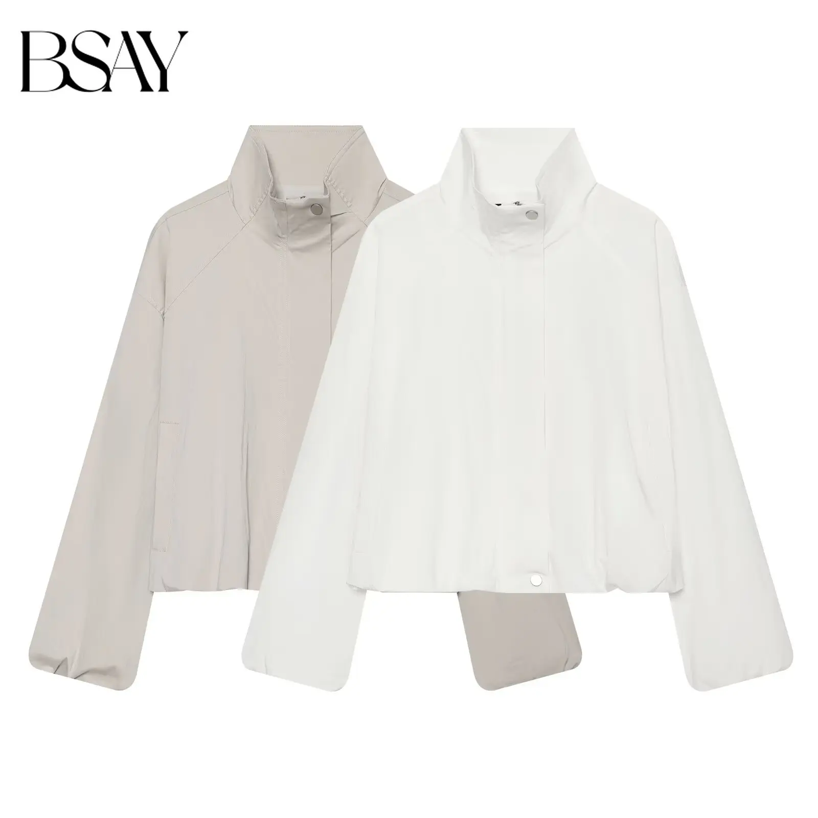 BSAY 2026 New Women Fashion Solid Cropped Stand Collar Jacket Zip Snap Fastener Loose Long‑Sleeve Lightweight Casual Outerwear