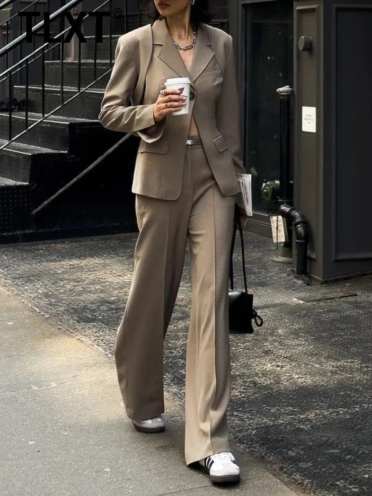 

TLXT Office Lady Three Piece Sets For Women Notched Collar Sleeveless Tops Long Sleeve Blazer High Waist Pant Slim Set Female