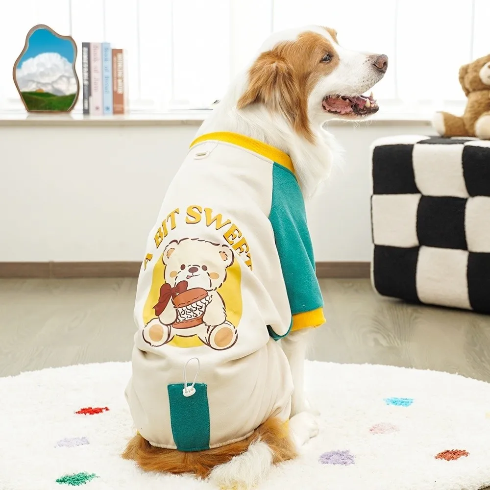

Thickened Dog Jumpsuit Color Block Bear Pattern Dog Fleece Hoodie Adjustable with D-Ring Puppy Sweatshirt Autumn Winter