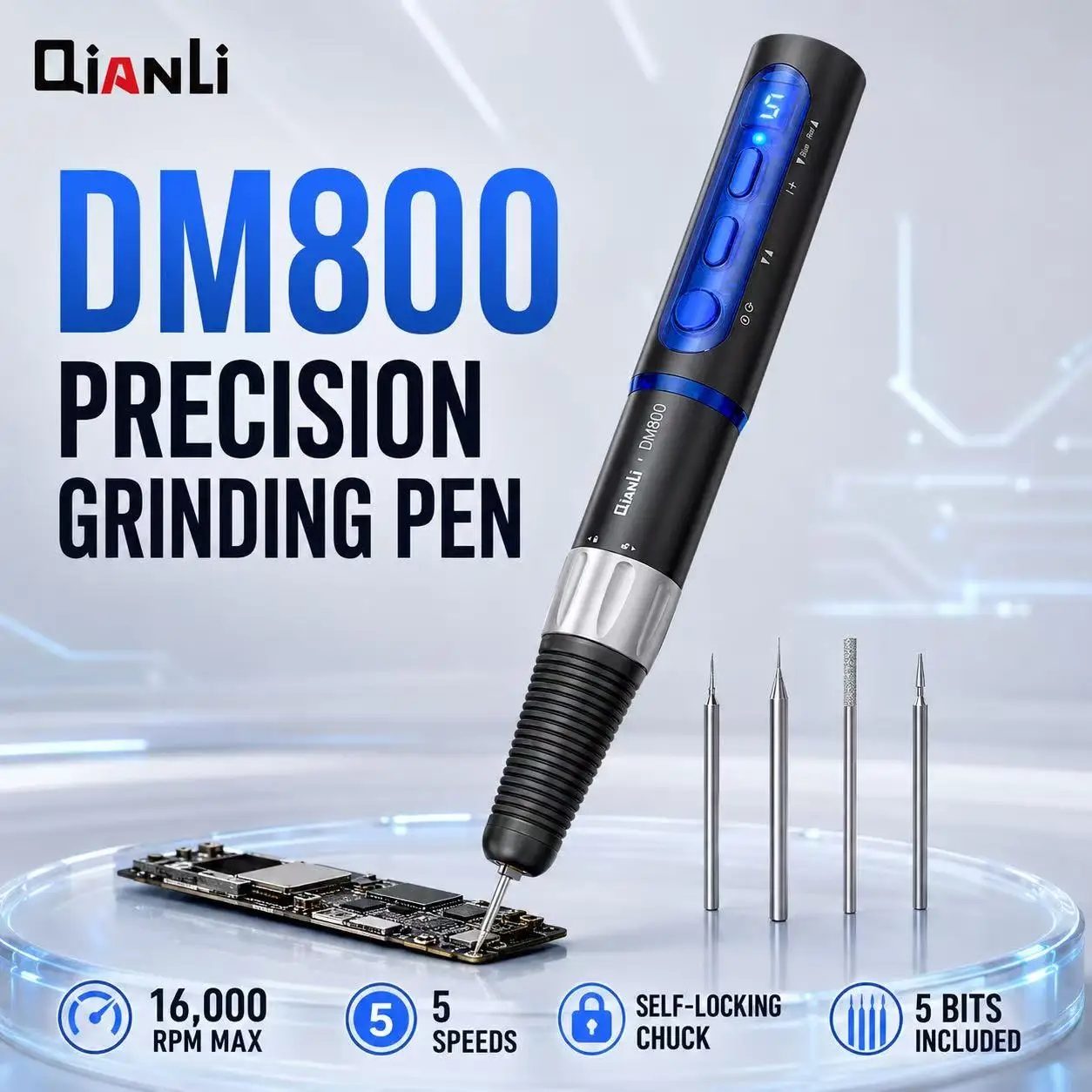 QIANLI DM800 Precision Grinder Pen 2400 mAh 5-Speed Forward/Reverse Rotary Tool Kit with 5 Bits for Phone PCB Repair & Polishing
