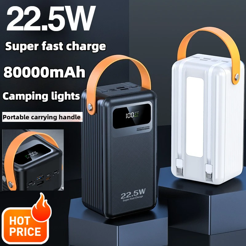 

LargeCapacity Power Bank 80000mAh Portable USB C Cable Fast Charging Mobile External Spare Battery For iPhone 16 Samsung Xiaomi