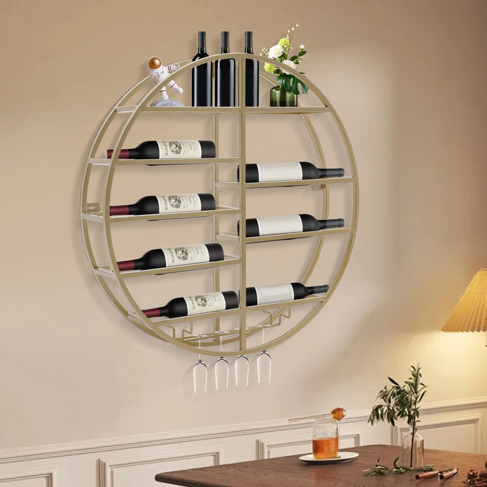 

Round Wall-Mounted Wine Display Rack & Shelf Integrated with Glass Holder