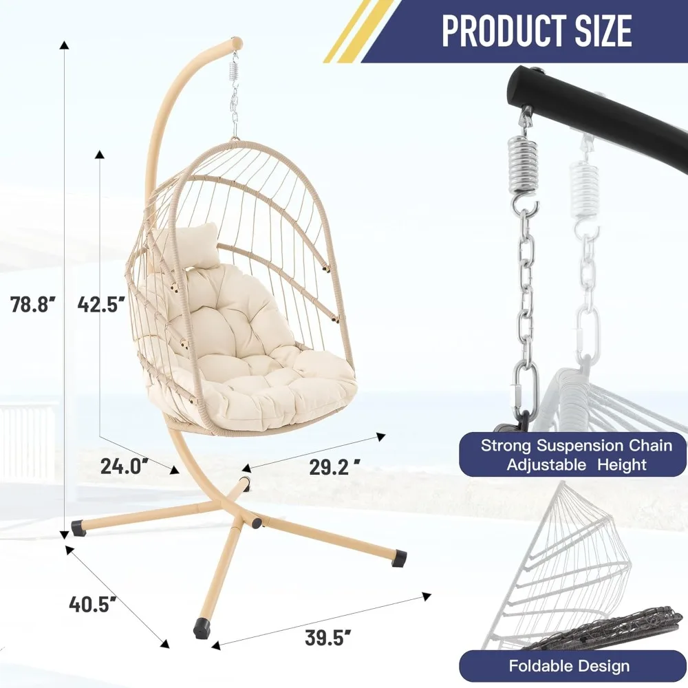 Columpio para huevos con soporte, silla colgante plegable para huevos, cesta de mimbre para interiores y exteriores con cojines resistentes a los rayos UV para dormitorio