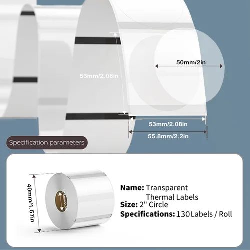 Imagen 2 del producto 1/2/3 rollos de etiquetas redondas transparentes, rollo de etiquetas adhesivas térmicas de papel para Phomemo M110/120/200 E210 P50 DETONG P1 SINMARK