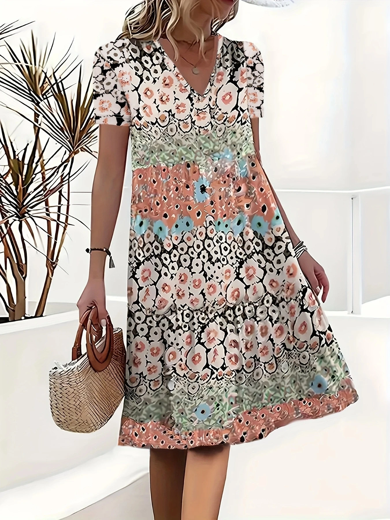 Direcional flor impressão vestido feminino, elegante, elegante