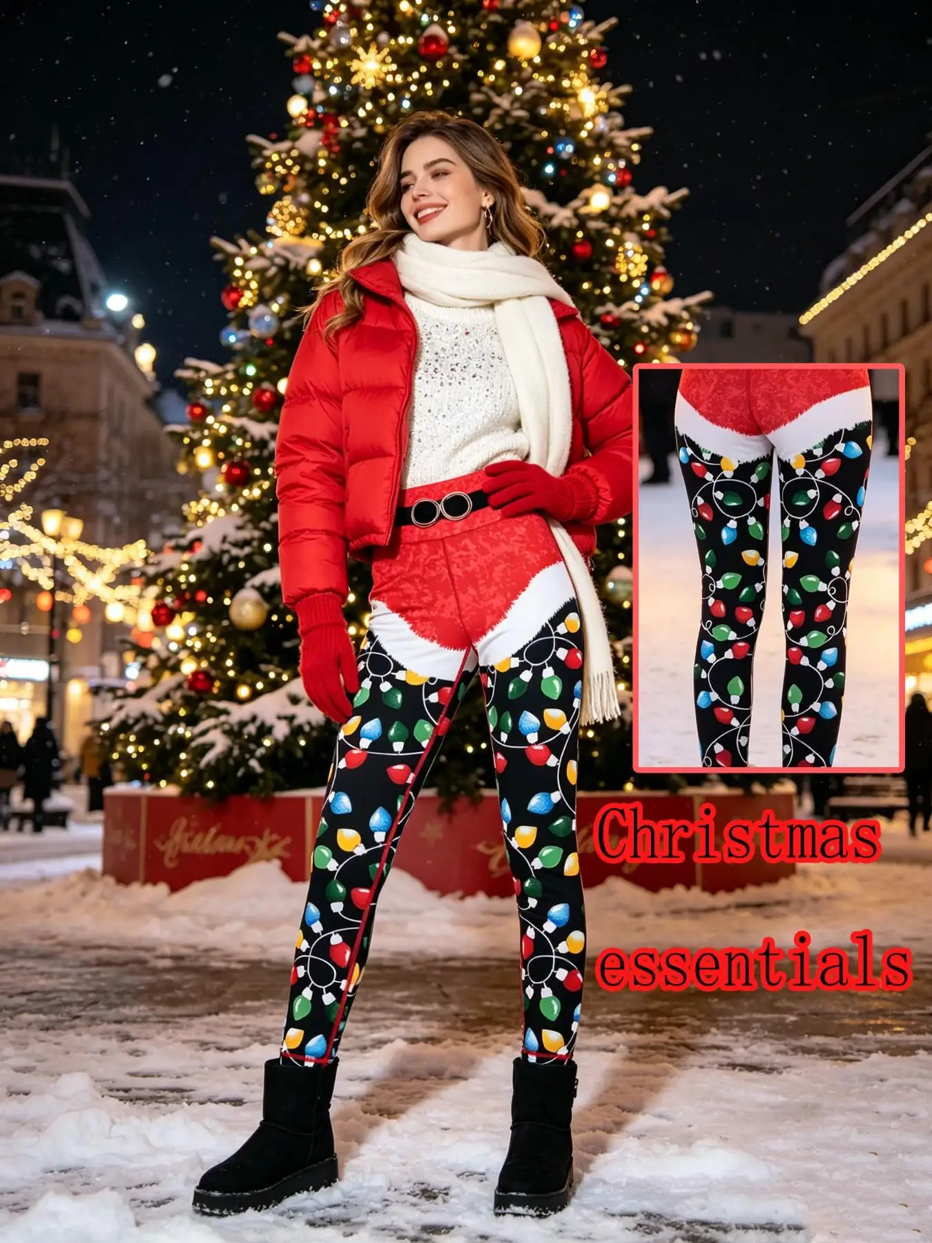 Essential Christmas trousers for women: trousers with afestive Christmas light print, perfect for travelling andtaking photos; h