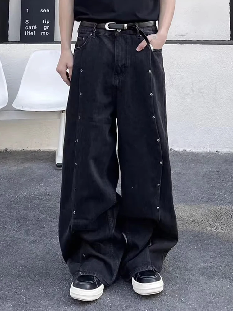 레다치 유니섹스 리벳 스티치 블랙 배기 진 남성 빈티지 워싱 솔리드 오버사이즈 로우라이즈 와이드 스트레이트 팬츠 하이 스트릿 의류