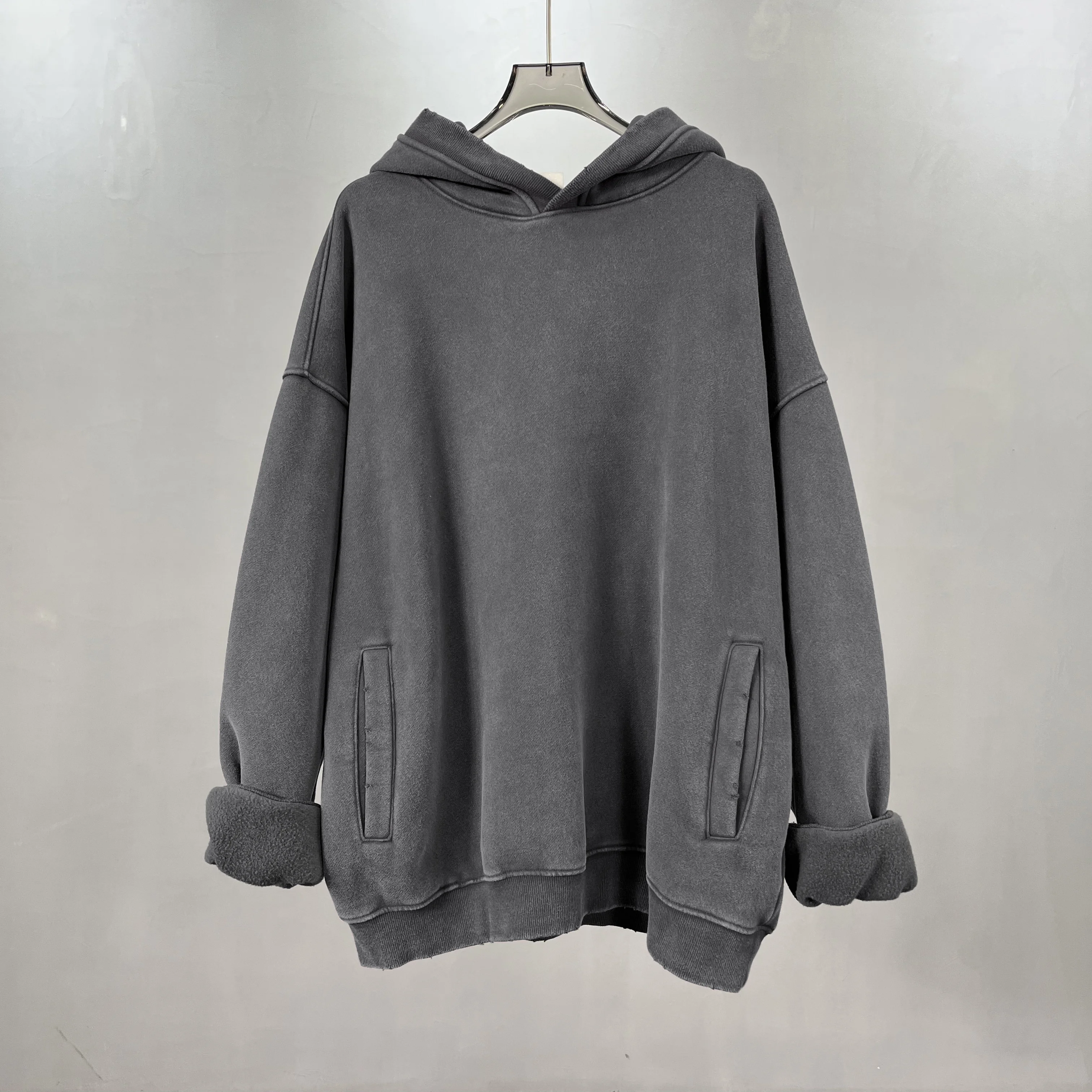 

New Autumn Winter Velvet Wax Printing Washed Grinding Edge Side Pocket Hoodie Fleece Vintage Distressed Hoodies Oversized Y2k