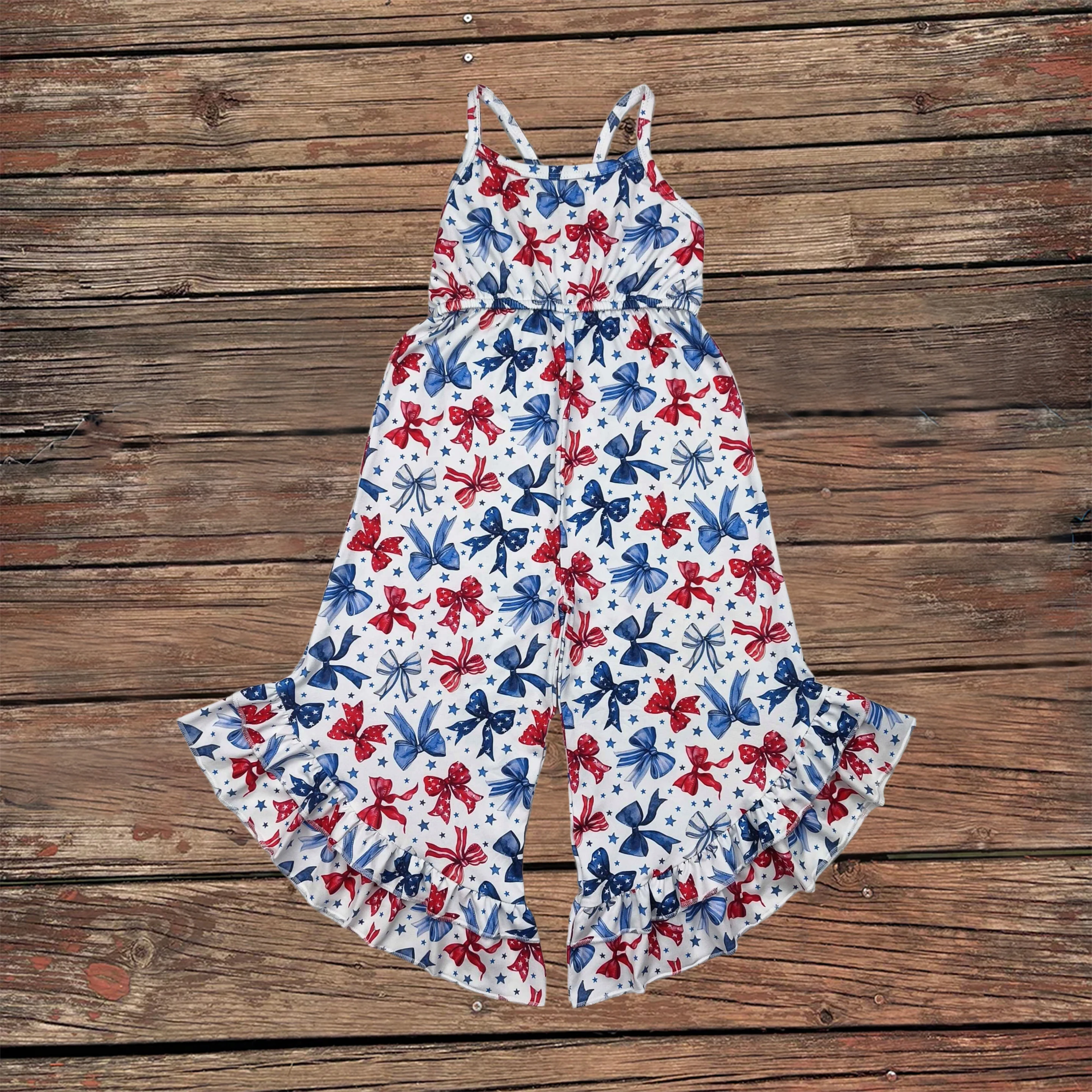 

Wholesale Toddler Children July 4th Clothes Baby Girl Blue Red Bows Stars Straps Jumpsuit Kids Overalls Bodysuit Infant Clothing