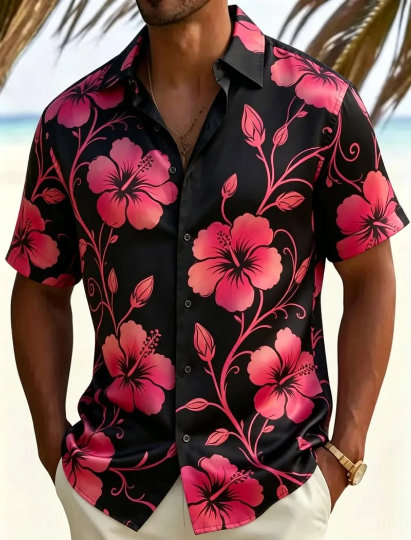 Men's Watercolor Tropical Floral And Leaf Print Casual Shirt,Breathable Top For Summer Casual Gathering And Daily Basic Wear