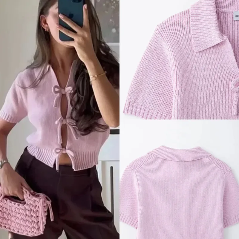 Cute Knitted Tops Bow-lace-up Lapel Tops Fashion Turn Down Collar Hollow Cardigan Knitwear New Summer Holidays Sweet Casual Tops