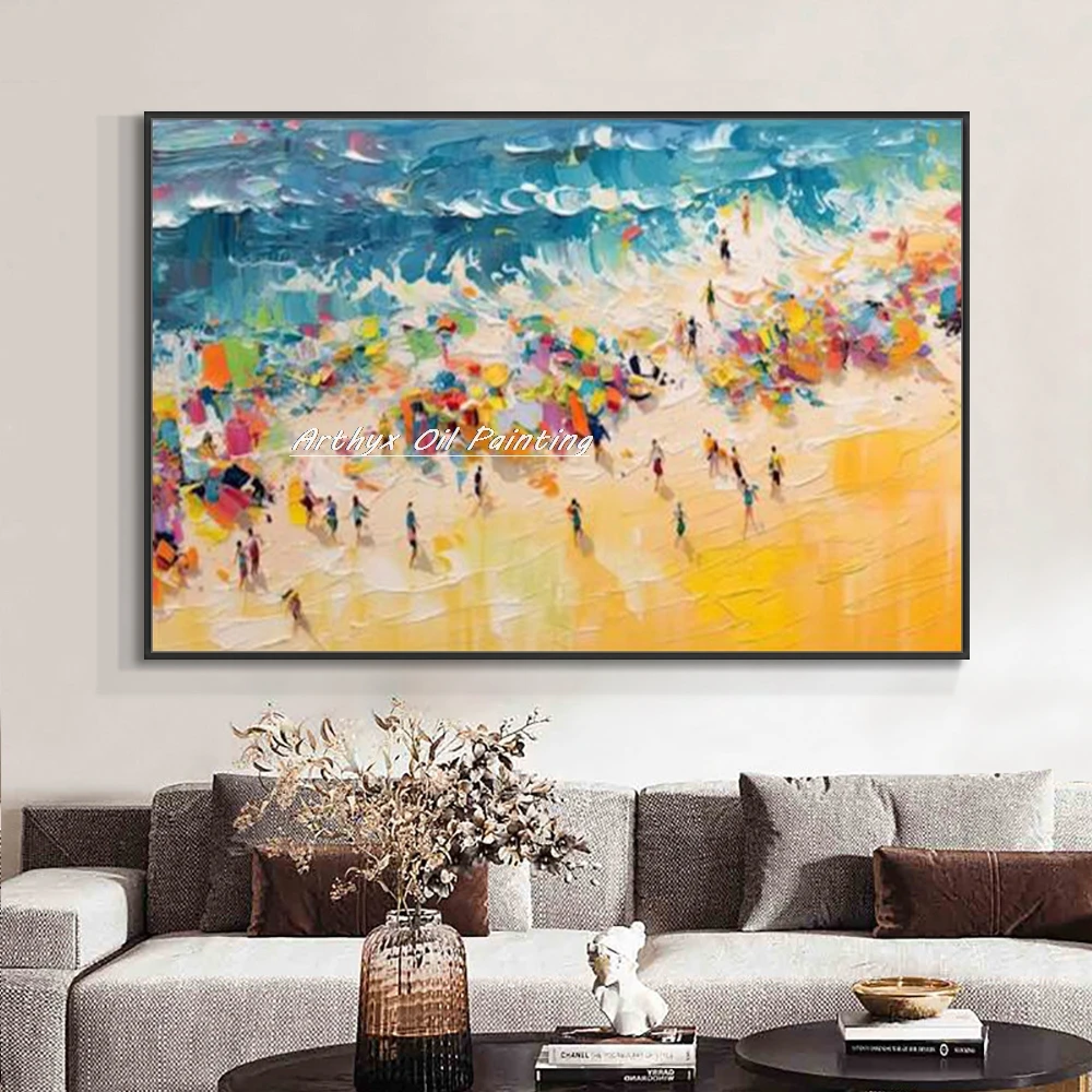 Arthyx Large Handpainted Knife 3D Beach Scenery Oil Painting on Canvas Wall Art Picture Modern Home Decoration Landscape Posters