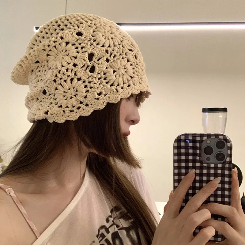 Women Summer Cap Hand-Made  Hollowed-out Vintage Artistic Crocheted Hat for Summer Breathable Causual Female Caps 004