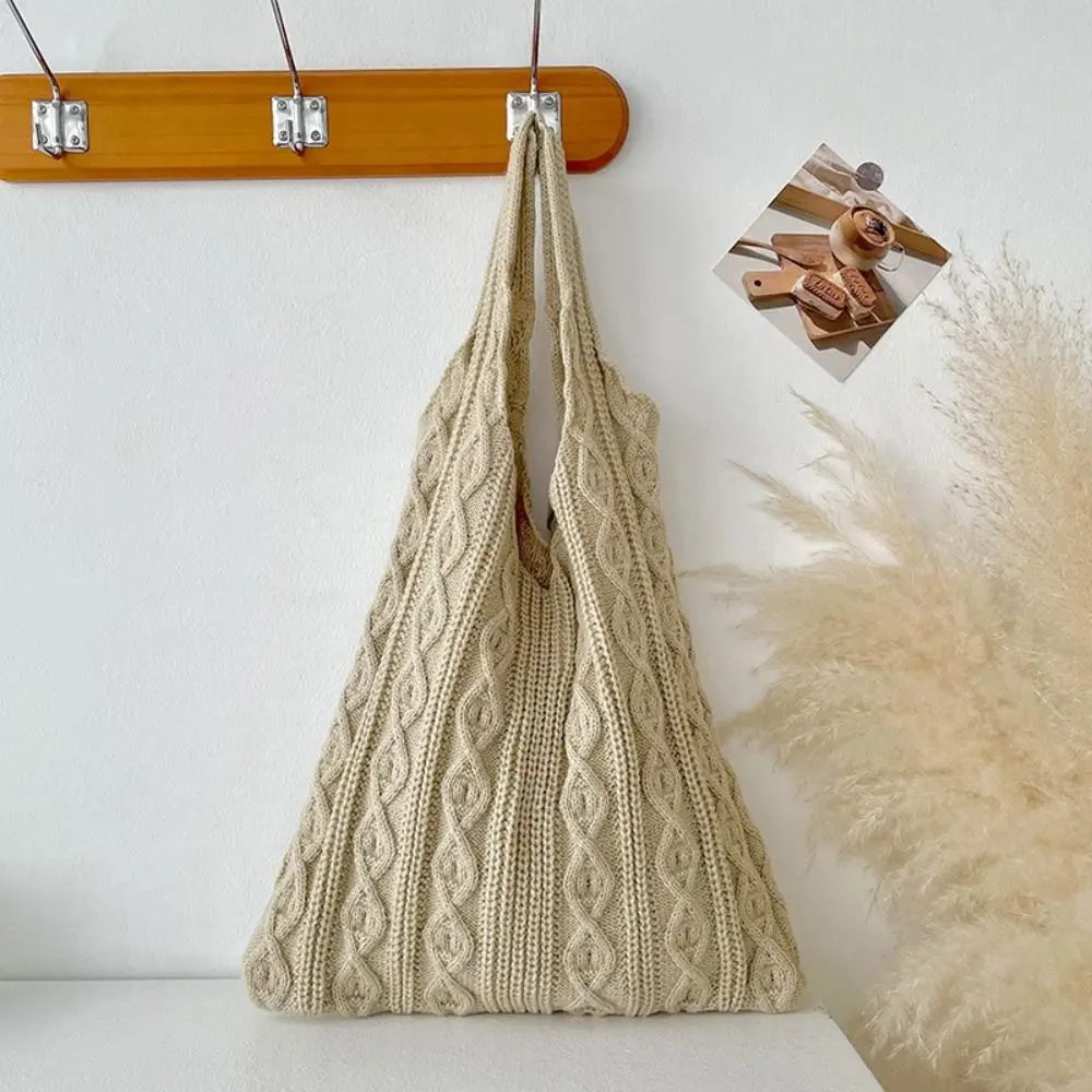 

Knitted Braid Crochet Tote Bags Hollow Pattern Solid Color Women's Shoulder Bags Simple Design Hollow Knitted Bags