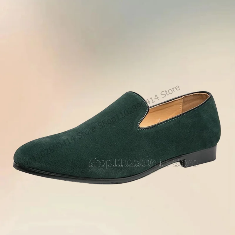 Mocasines aterciopelados con diseño de costura verde para hombre, zapatos informales sin cordones, lujosos, hechos a mano, para fiesta, banquete y oficina