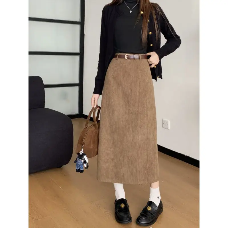 Vintage Corduroy Skirts Women Autumn Winter Elegant Fashion High Waist A-line Slim Harajuku Streetwear Midi Skirt Female Clothes