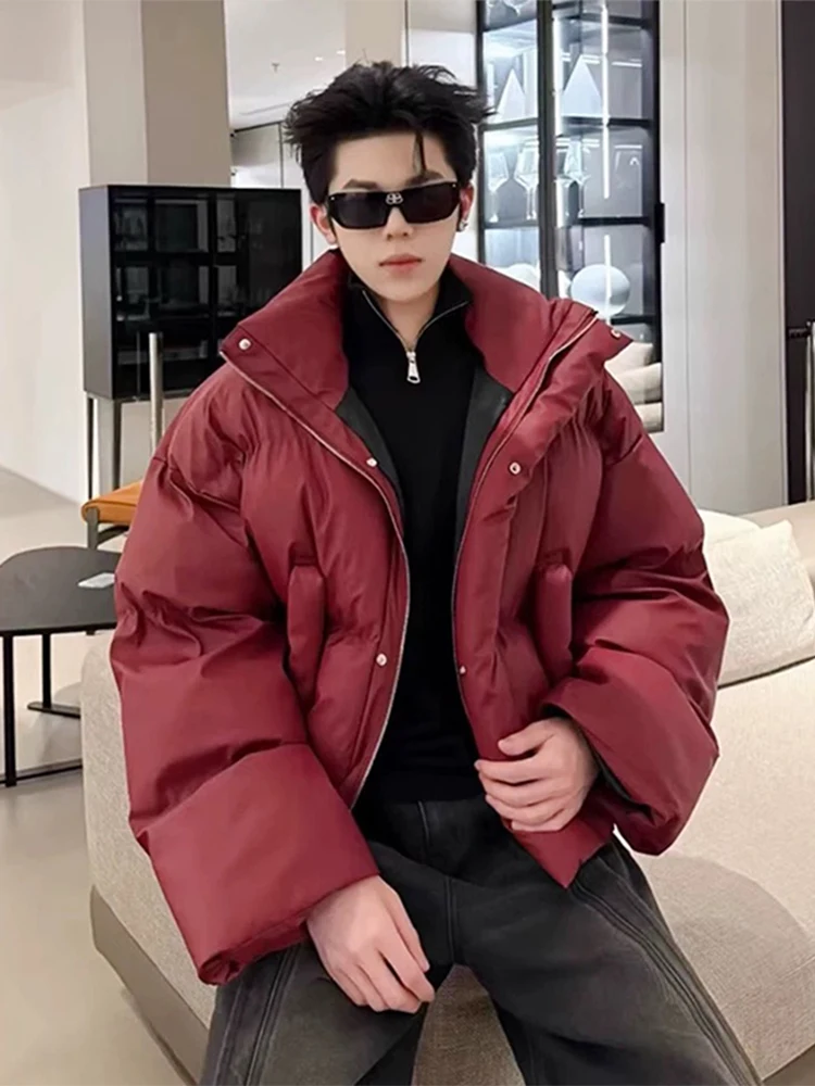 

Thiened Warmth Cotton Jaet Men's Winter Faion Brand American ort Stand Collar PU Leather Jaet Bread Sle Coat