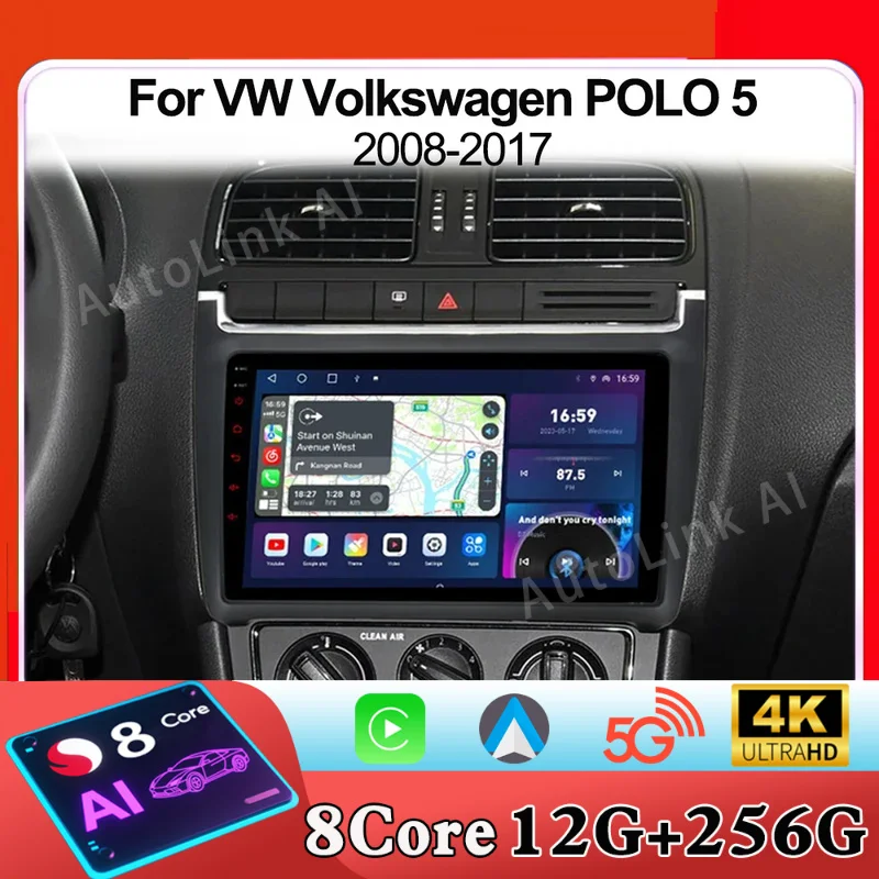2 Din 9 inch Android 15 Car Radio For VW Volkswagen POLO 5 2008-2017 Car Multimedia Video Stereo Player GPS Carplay WIFI 5G RDS