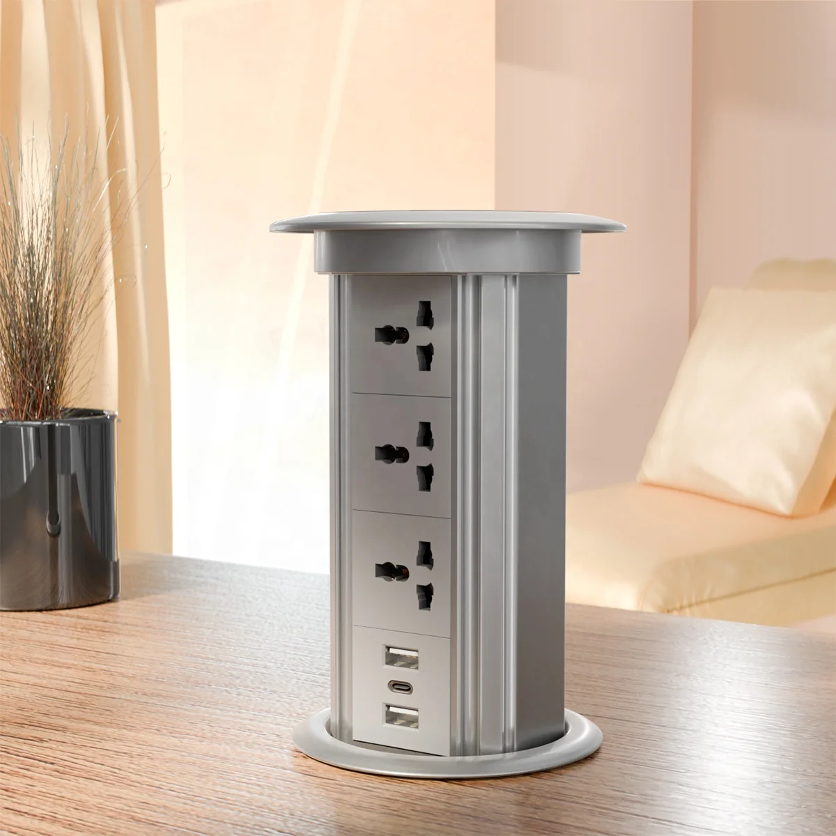 

Standard Lifting Tabletop Wireless Charger USB A+C Pop Up Electrical 3 Outlets Universal Power Strip Socket IP44 15A Rated