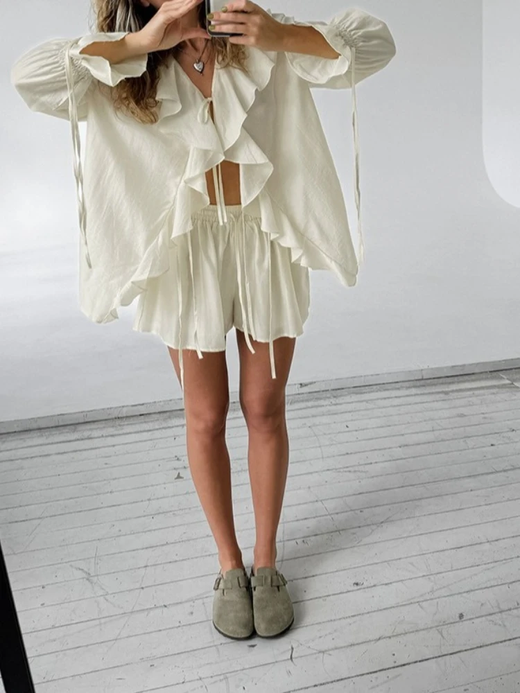 New in Summer Casual Ruffles Shorts Suits Women Loose See Through V Neck Hollow Out Sets Female Fashion Lace Up Sets Lady