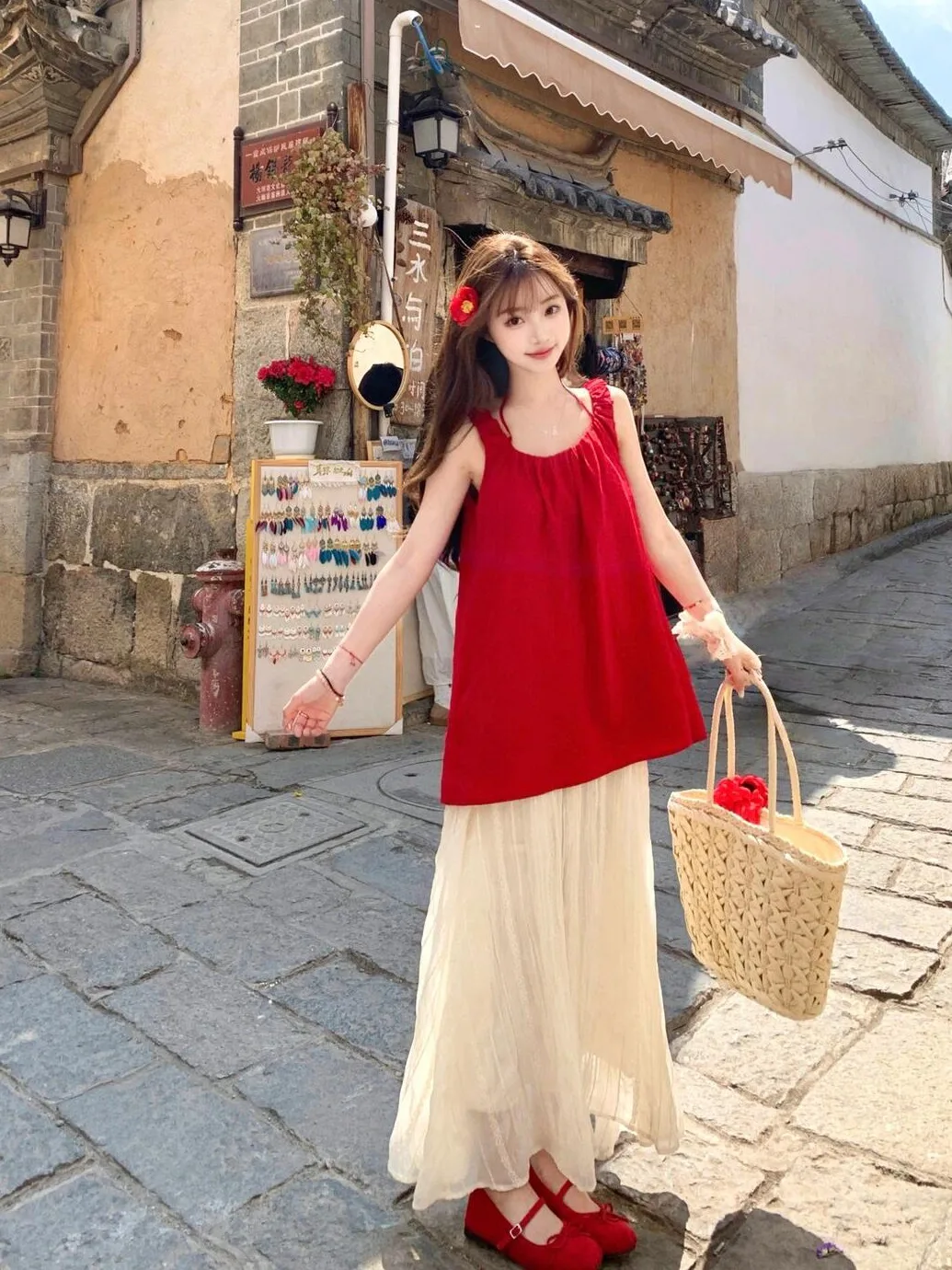 Ankang Red Ice Silk Cotton Linen Strap Vest Women Summer Outdoor Wear Svel Doll irt Dopne Personali Top