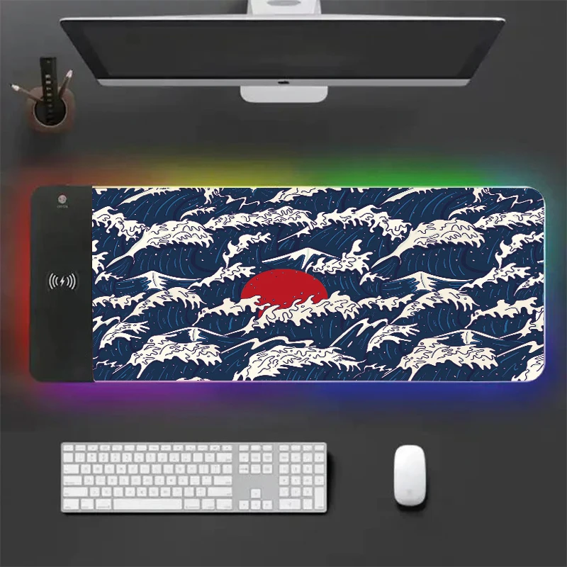 Imagem -02 - Carregamento sem Fio Rgb Sunconjunto Waves Mousepad Teclado Pads Grande Gamer Acessórios Tapete Estilo Japonês Gaming Led xl Novo