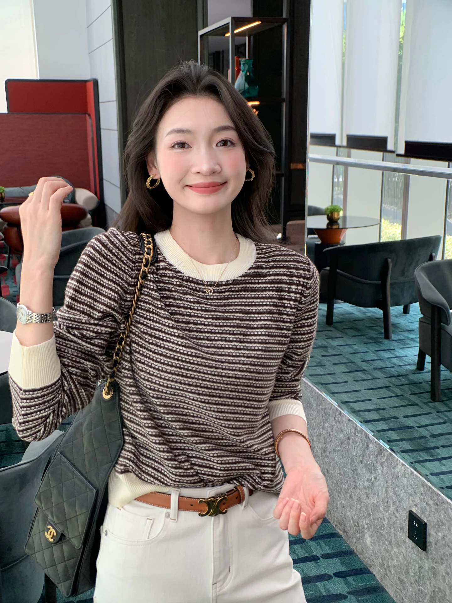 

Folelse Coffee Stripes round Ne Knitted Sweater Women's Faion Slim Fit Casual Sle Long Sve Polyester Fiber Top