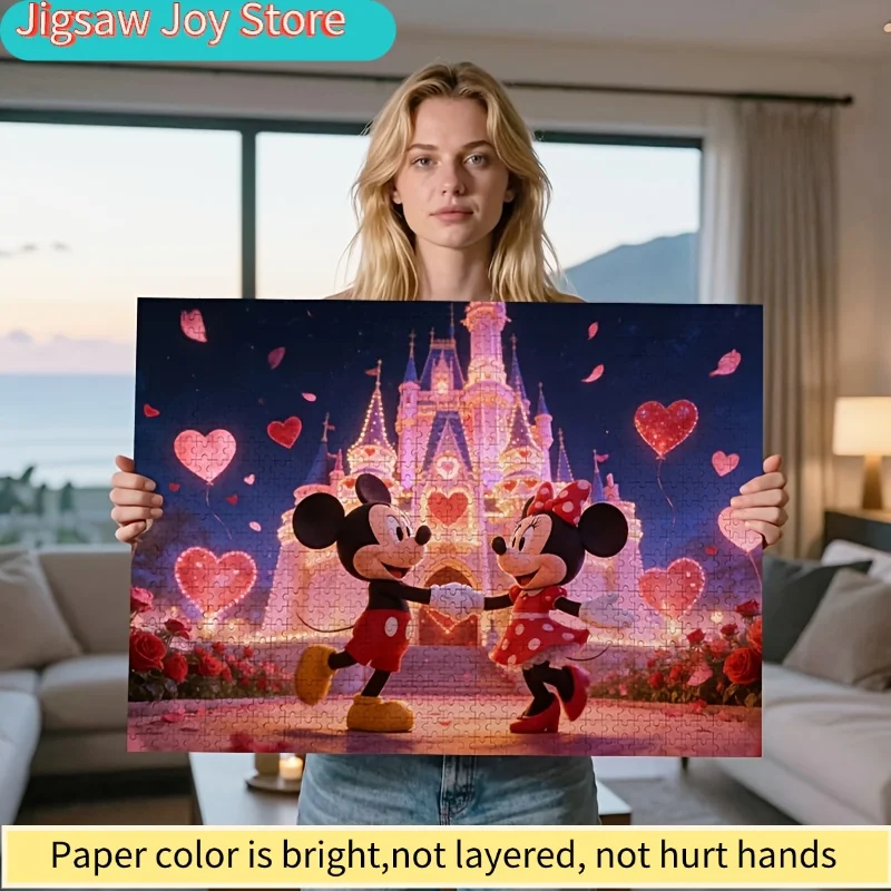 

Пазл 2D, 1000 деталей, без рамки, с изображением танцующих Микки и Минни в стиле ар-деко, замок в форме сердца, мультяшная парная композиция, декор из лепестков роз