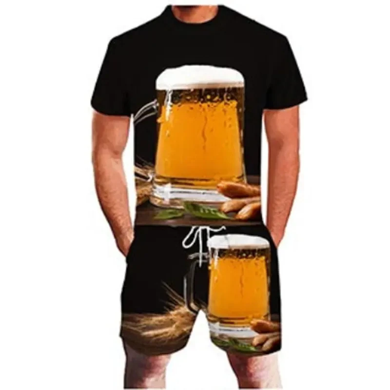 2024 New Beer 3D Print Tracksuit Summer Men\'s Short Sleeve T-shirt Sets Fashion Streetwear T Shirts Shorts 2 Piece Sportswear