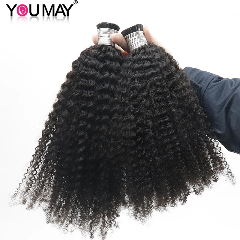 Afro kinky encaracolado itips extensões de cabelo humano microlinks mongol remy feixes de cabelo eu ponta micro grânulos afro coily em fita a granel em