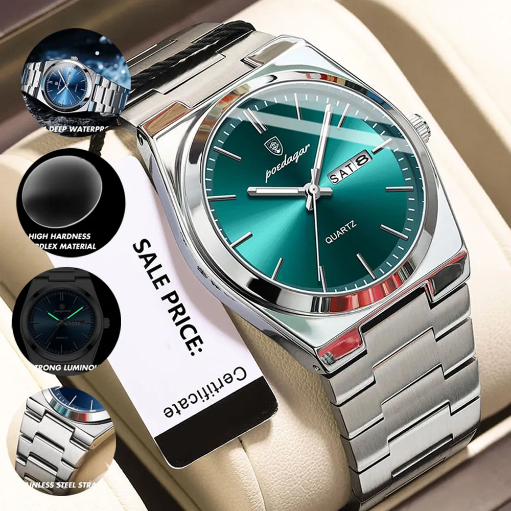

POEDAGAR Роскошные часы для мужчин из нержавеющей стали, водонепроницаемые светящиеся мужские часы, дата, неделя, модные повседневные мужские кварцевые часы Reloj