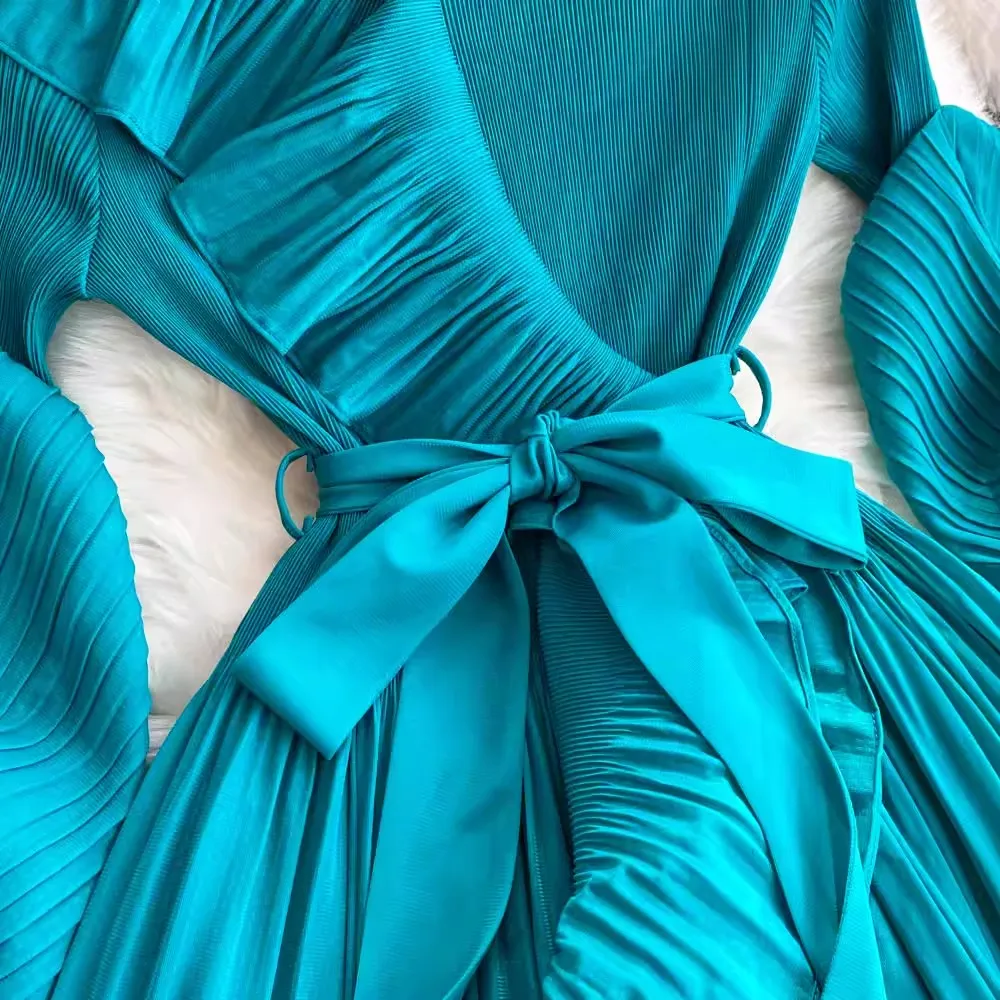 Summer Holiday Miyake Pleated Dress Women's V-Neck Long Lantern Sleeve Lace Up Elastic Oversized Ruffles Boho Robe Loose Vestido