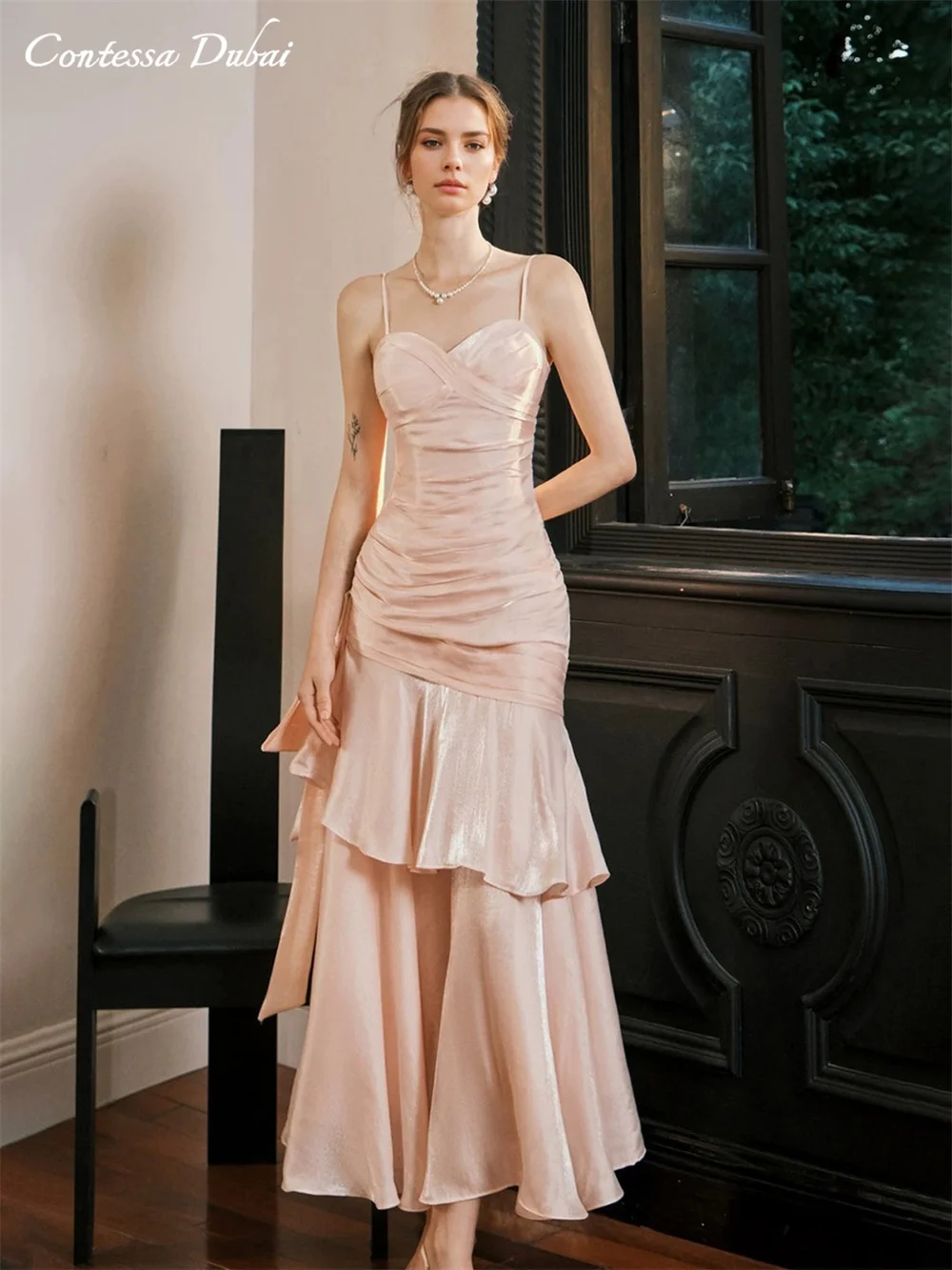 

Contessa Dubai Pink Mermaid Prom Dress Spaghetti Strap Vestidos de noche Multi-layered skirt Tra-length Formal evening dress2025