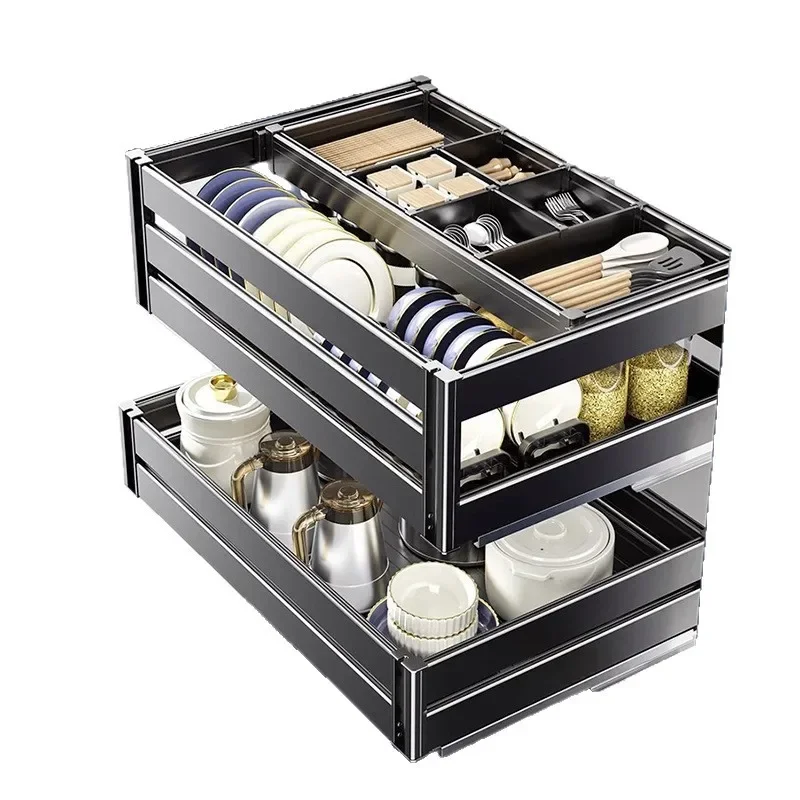 Kitchen Cupboard Pull Basket Double Drawer Bowl Rack Dishes Pull Out Rack Kitchen