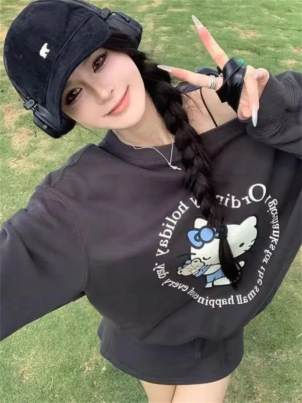 Sanrio новая милая толстовка с рисунком «Hello Kitty», толстовка с длинными рукавами и открытыми плечами для девочек, свободная толстовка с принтом на весну и осень