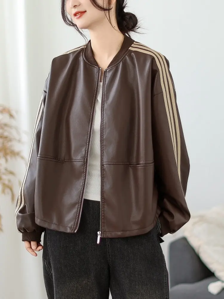 Retro artístico ort suelto cuello alto cuero Jaet Long Sve Casual versátil Faionable prendas de vestir exteriores de mujer otoño nuevo...