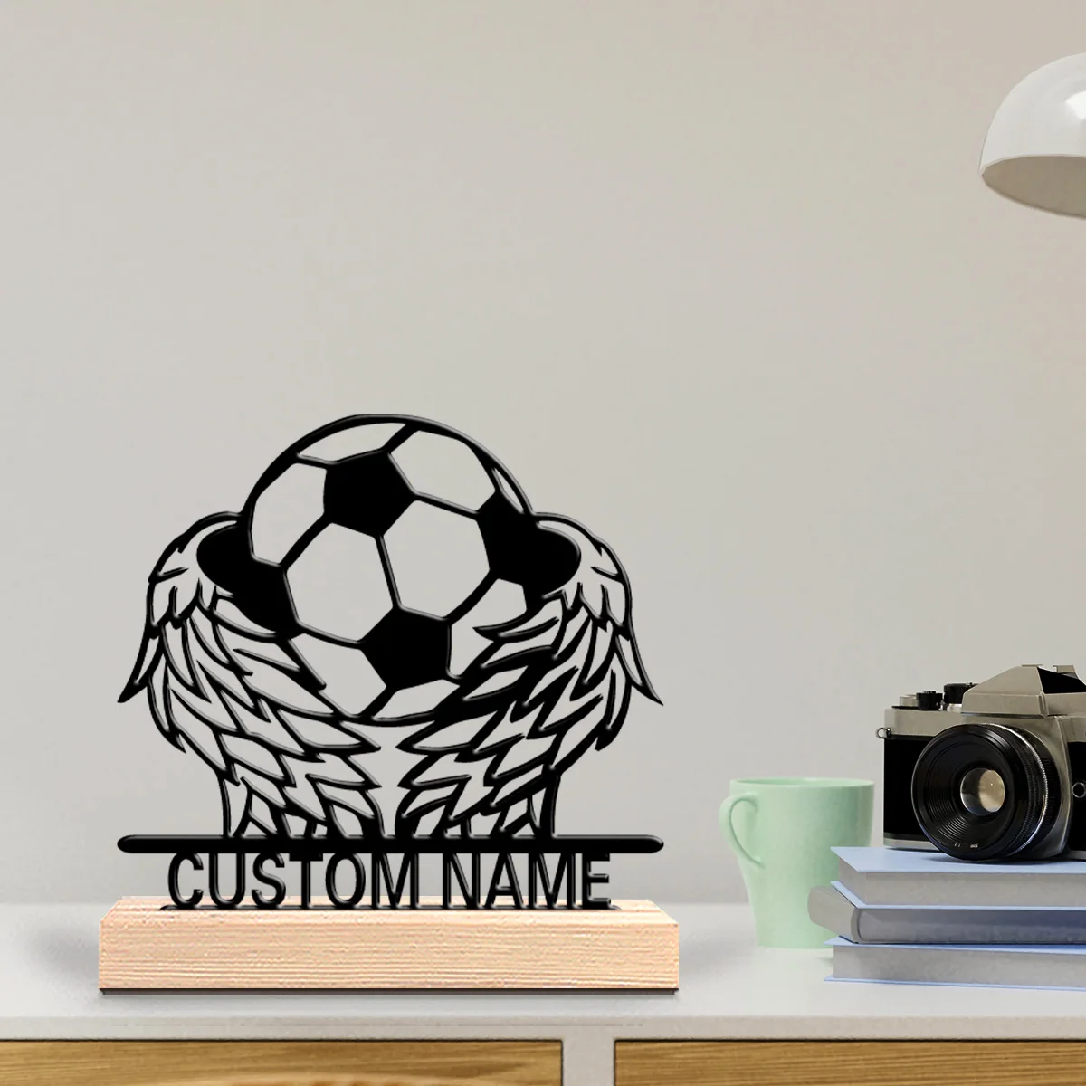 1pc Wing Soccer Custom Text Tin Statue Art Crafts With Wood Base Tin Ornament With Wood Base For Children Gifts
