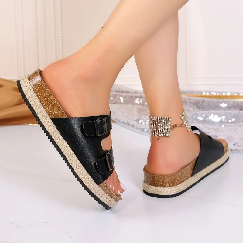 2024 Shoes Female Open Toe Women's Slippers Outdoor Casual Slippers Women Buckle Round Toe Plus Size Flat with Women's Sandals