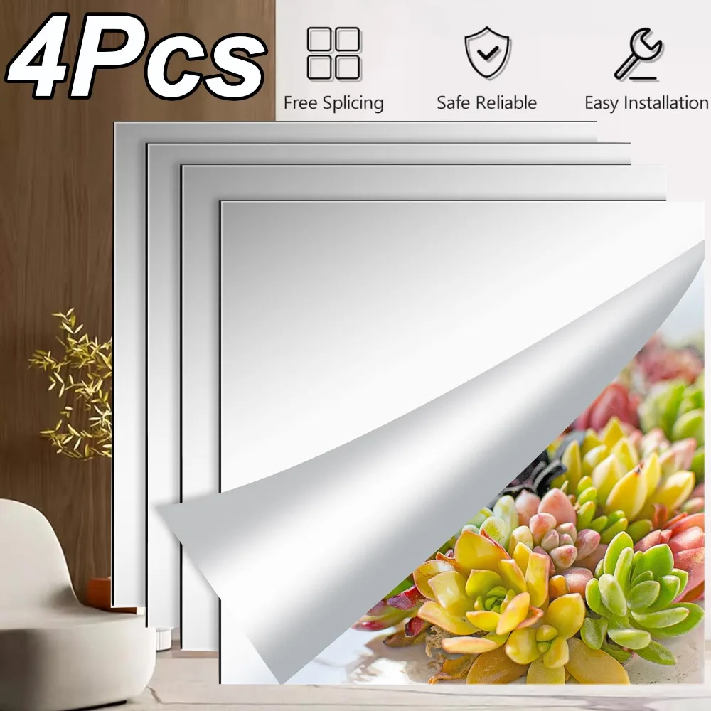 Lot de 4 feuilles de miroir flexibles autocollantes 30*30cm, autocollants miroir en acrylique transparent de qualité supérieure avec excellente réflexion de la lumière, miroirs muraux à coller sans perçage, adaptés à la décoration intérieure de la salle de bain, des toilettes et de la chambre.