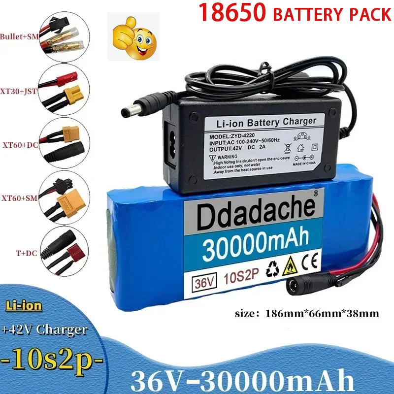 

100% New 36V 30000mAh 18650 rechargeable lithium-ion battery pack 10S2P+charger can be used for scooter bicycles 18650 battery