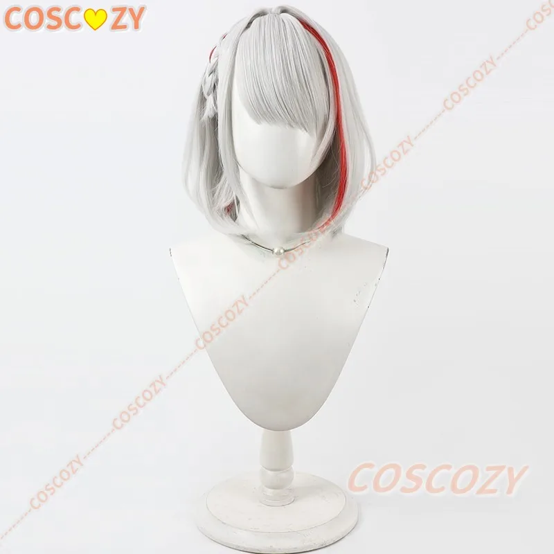 Juego Azur Lane KMS Duisburg pelucas de Cosplay 30cm plata blanco mezclado rojo pelo corto pelucas sintéticas resistentes al calor para adultos